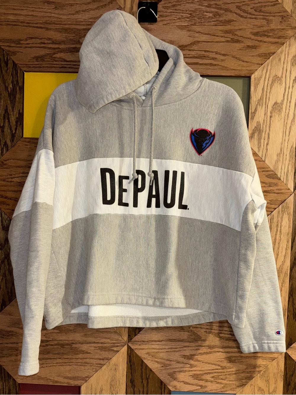 DePaul University Hoodie Women’s Gray Blue Demons Logo Pullover Cropped Sz 2XL